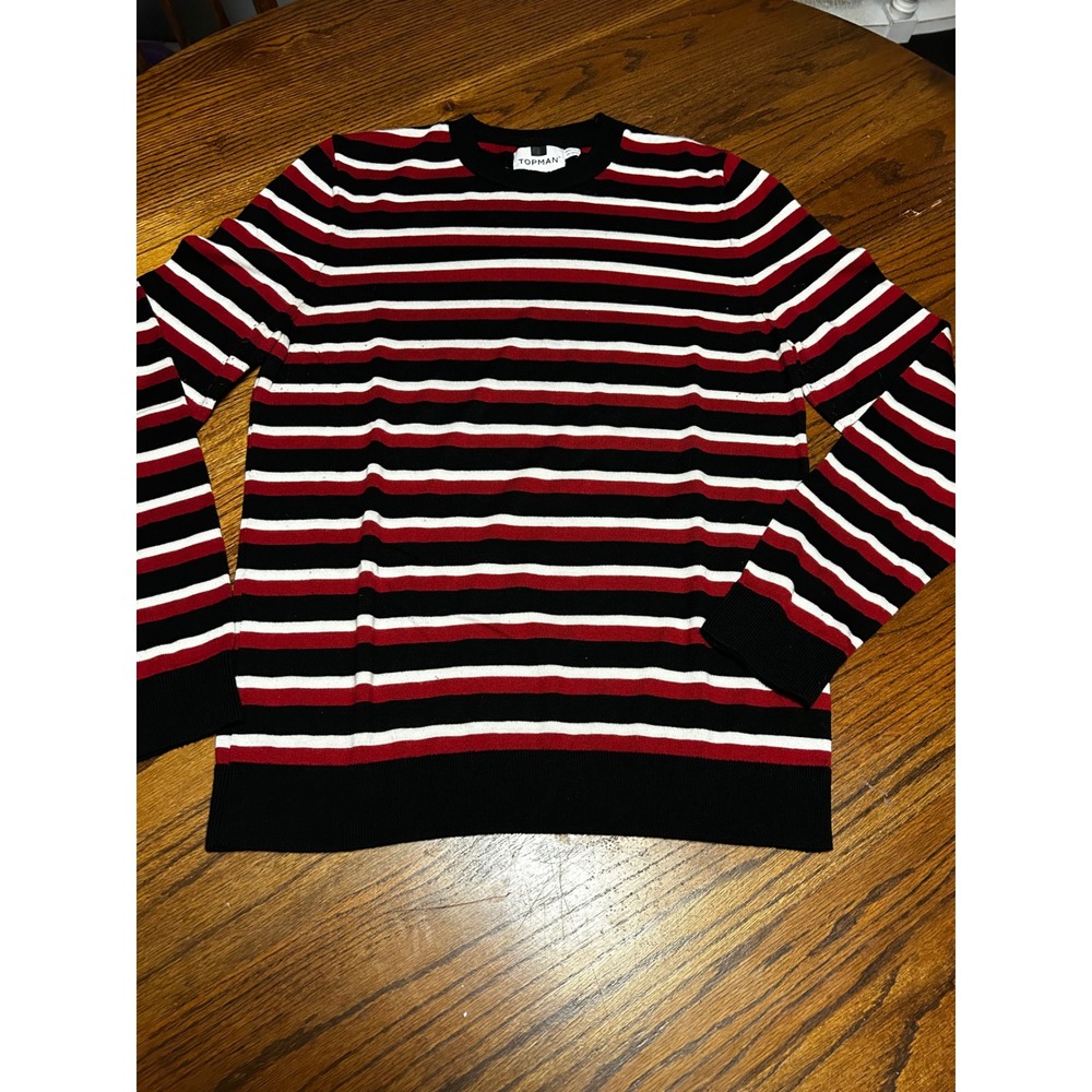 Topman Mens Striped Crew Neck Sweater Black Red White Knit Pullover Size M